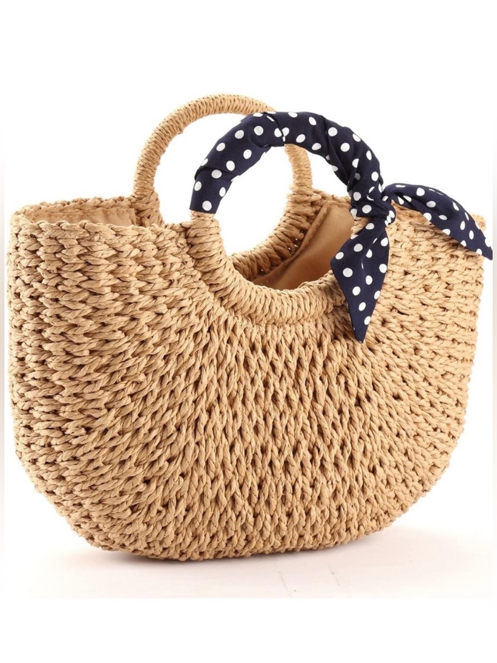 Natural, Hand Woven, Straw, Beach Bag with Round Handles & Polka Dot Scarf